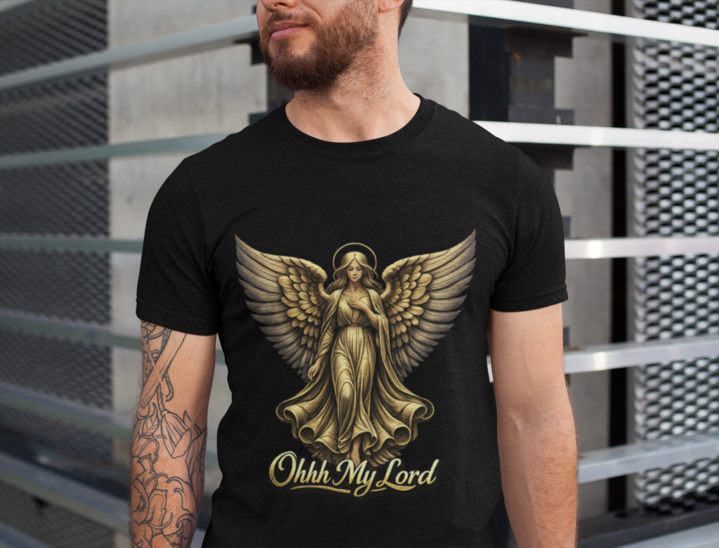 Man wearing a black t-shirt with a golden angel graphic and "Ohhh My Lord"